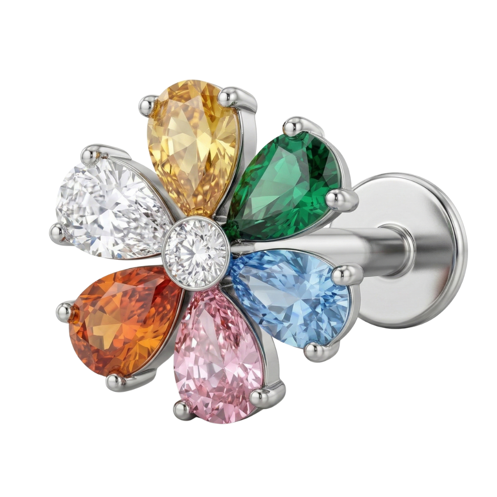 Titanium Ornamental Labret - Colorful Flowers with Zircons