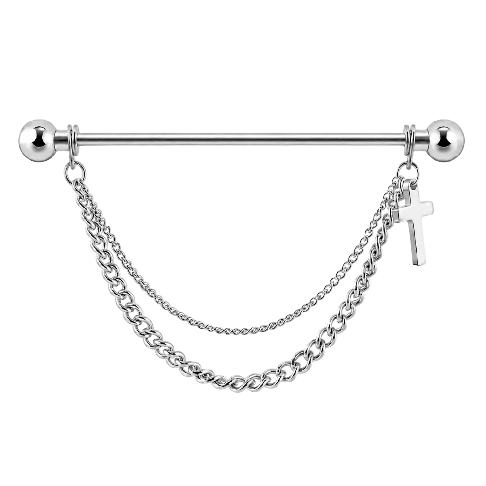 Cruz de barra decorativa de acero con cadenas