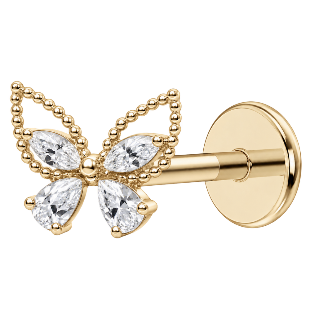 Labret de Titanio Mariposa Decorativa de Circonitas y Bolas Doradas