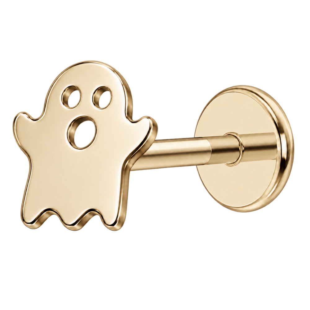 Gold titanium labret earring with a ghost motif